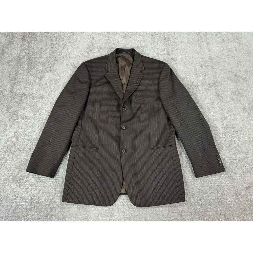 Hugo Boss Suit Jacket 42 R Taupe Wool Striped Designer Luxury Einstein Sigma USA
